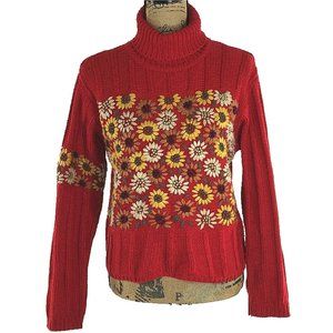 DADADI Italy Sweater Med Red Multi Color Floral Embellish Turtleneck Comfy‎ Warm